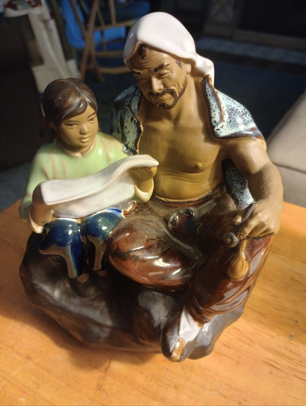 Hand-Painted Ceramic Shiron  Figurine - Father and Child in Brown & Green